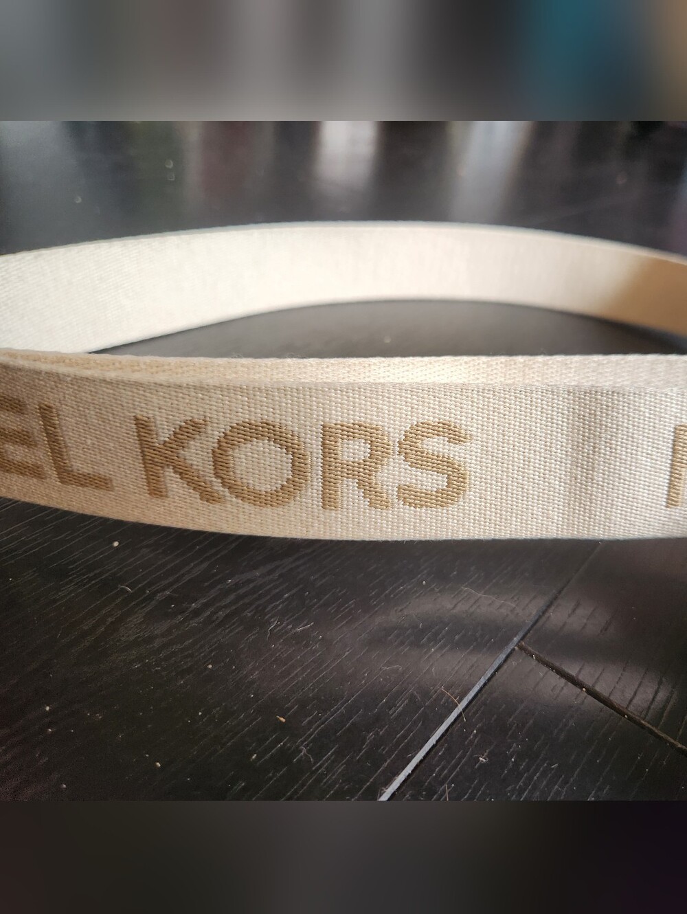 Michael Kors Cream Logo Ribbon Belt with Gold Print